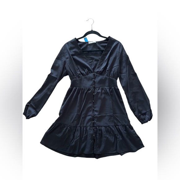 CUPSHE Dress Black Mini Dress Button Down V-Neck Long Sleeve Whimsigoth NWT - Picture 4 of 6